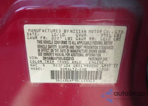 2011 Nissan Sentra 2.0S из США, поврежденный, VIN 3N1AB6AP9BL633313